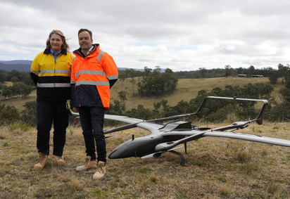 Jennifer Hughes and Carbonix CEO Philip van der Berg at the trial flight in the Blue Mountains