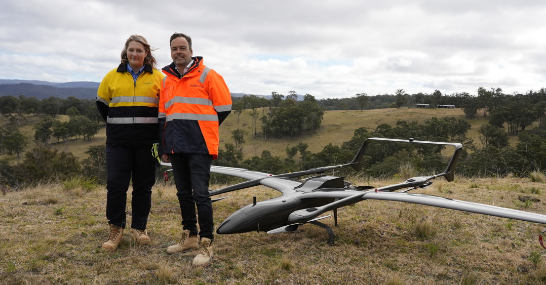 Jennifer Hughes and Carbonix CEO Philip van der Berg at the trial flight in the Blue Mountains