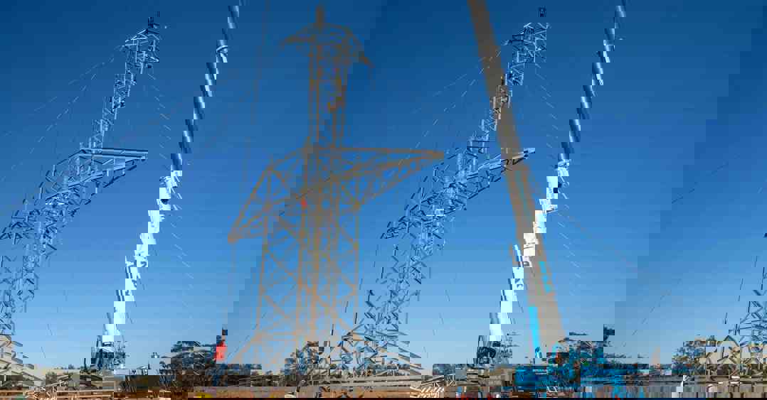 A tower is erected on EnergyConnect at Buronga