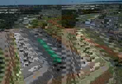 An aerial view of the Wallgrove Grid Battery showing the rows of individual battery cells