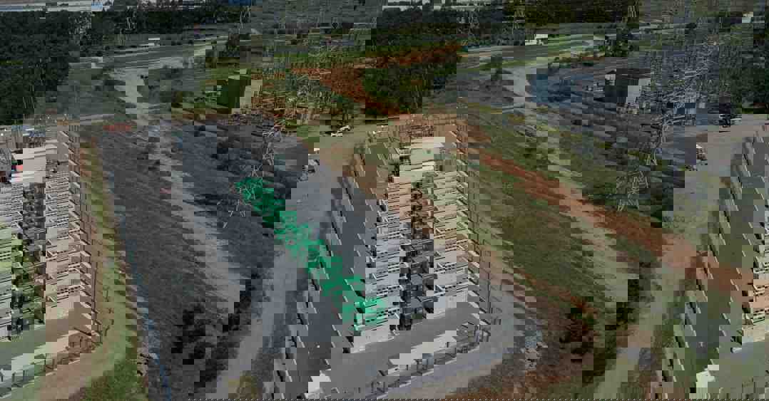 An aerial view of the Wallgrove Grid Battery showing the rows of individual battery cells